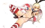  black_panties blonde_hair blue_eyes breasts elbow_gloves gloves hairband kantai_collection long_hair navel nipples panties shimakaze_(kantai_collection) skirt small_breasts solo striped striped_legwear thighhighs underwear white_gloves yang-do 