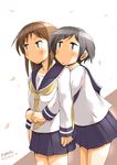  2girls blush brown_eyes brown_hair dated hasegawa_fumi hug hug_from_behind long_hair multiple_girls okano_kei pleated_skirt rainydayjp school_uniform school_uniform_(yuyushiki) serafuku short_hair skirt twitter_username yuyushiki 