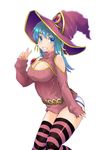  absurdres blue_eyes blue_hair breasts cleavage commentary_request dungeons_&amp;_princess fang grin hat highres jewelry large_breasts meme_attire necklace open-chest_sweater pink_legwear ribbed_sweater simple_background smile solo striped striped_legwear sweater takashi_moritaka thighhighs v white_background witch_hat 