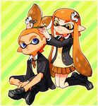  1girl adjusting_another's_hair adjusting_hair bad_id bad_pixiv_id black_legwear blazer blouse blue_eyes domino_mask hair_ornament hairclip inkling jacket kneehighs mask monster_boy monster_girl necktie orange_eyes orange_hair pleated_skirt pointy_ears ponytail school_uniform shorts skirt socks splatoon_(series) splatoon_1 tentacle_hair tied_hair tying_hair white_blouse yo_mo 