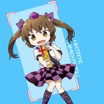  blue_background blush bow brown_eyes brown_hair cellphone cellphone_camera character_name checkered checkered_skirt hair_bow hat himekaidou_hatate phone pigeon-toed skirt solo tokin_hat touhou twintails yamabuki_(yusuraume) 