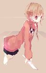  :&lt; black_skirt braid brown_hair checkered cropped_legs glowing glowing_eye kitchen_knife knife leaning_forward long_hair looking_at_viewer madotsuki miniskirt outstretched_arms pink_eyes pink_shirt pink_sweater riuichi shirt simple_background skirt solo sweater twin_braids weapon yume_nikki 