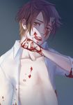  blood blood_from_mouth brown_eyes brown_hair hair_ornament hairclip hasegawa_utsutsu highres karesuki male_focus nipples open_clothes open_shirt pupa scar scar_across_eye shirt solo tongue tongue_out 