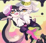  2girls ;d aori_(splatoon) black_hair cousins detached_collar domino_mask dress earrings fangs food food_on_head gloves green_legwear highres hotaru_(splatoon) jewelry kinshi long_hair mask mole mole_under_eye multiple_girls object_on_head one_eye_closed open_mouth orange_eyes pantyhose pointy_ears purple_legwear short_hair short_jumpsuit smile splatoon_(series) splatoon_1 sushi tentacle_hair 