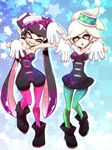  :o ;) aori_(splatoon) black_hair cousins detached_collar domino_mask dress earrings food food_on_head gloves green_legwear hotaru_(splatoon) jewelry jin_(mugenjin) long_hair mask mole mole_under_eye multiple_girls object_on_head one_eye_closed open_mouth orange_eyes pantyhose pointy_ears purple_legwear sharp_teeth short_hair short_jumpsuit smile splatoon_(series) splatoon_1 strapless strapless_dress sushi teeth tentacle_hair unitard white_gloves white_hair 