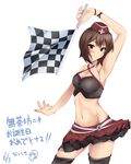  absurdres armpits arms_up bad_id bad_pixiv_id brown_hair checkered checkered_flag commentary_request flag girls_und_panzer hat highres midriff navel nishizumi_maho nksk race_queen short_hair simple_background smile solo thighhighs translation_request 