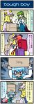  4koma =3 artist_self-insert blue_hair box cardboard_box carrying closed_eyes comic commentary demon_girl demon_wings detached_sleeves frog_hair_ornament green_eyes green_hair hair_ornament hat head_wings heterochromia highres hokuto_no_ken juliet_sleeves karakasa_obake koakuma kochiya_sanae long_hair long_sleeves mizuki_hitoshi multiple_girls on_head pillow_hat puffy_sleeves real_life_insert red_hair revision shaded_face shirt skirt snake_hair_ornament suitcase sweat tatara_kogasa touhou translated trembling umbrella vest wide_sleeves wings yakumo_ran 