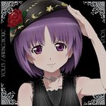  album_cover alternate_costume arm_up armpits black_background bowl cover face flower looking_at_viewer object_on_head purple_eyes purple_hair rose short_hair sleeveless smile solo sukuna_shinmyoumaru swing_holic text_focus touhou tsukimido upper_body 