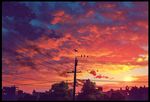  black_border border building city cloud cloudy_sky commentary_request mocha_(cotton) no_humans original outdoors power_lines scenery signature sky sun telephone_pole tree 