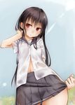 akino_shuu black_hair commentary_request iroha_kaede long_hair looking_away navel original red_eyes see-through solo wet wet_clothes wringing_clothes 