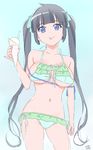  :p bikini black_hair blue_eyes blue_ribbon breasts dungeon_ni_deai_wo_motomeru_no_wa_machigatteiru_darou_ka food hair_ribbon hestia_(danmachi) ice_cream kawasaki_kazuhiko large_breasts long_hair pinky_out rei_no_himo ribbon solo swimsuit tongue tongue_out twintails 