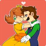  1girl blue_eyes blush brown_hair couple crown gloves hug jewelry luigi nintendo princess_daisy simple_background super_mario_bros. super_mario_land 