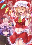  anger_vein ascot asymmetrical_hair asymmetrical_wings baozi blonde_hair crescent crescent_hair_ornament double_bun dress flandre_scarlet food hair_between_eyes hair_ornament hair_ribbon hat highres koakuma long_hair looking_at_another looking_at_viewer maru_daizu_(aqua6233) midriff miniskirt mob_cap multiple_girls objectification older open_mouth out_of_frame patchouli_knowledge purple_eyes purple_hair reading red_background red_dress red_eyes red_skirt ribbon shaded_face side_ponytail simple_background skirt steam thumbs_up touhou tress_ribbon undersized_clothes wavy_mouth wings wrist_cuffs 
