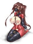  armbinder arms_behind_back bdsm bondage bound bound_arms breasts brown_hair covered_nipples gag gagged heart_pasties kantai_collection large_breasts latex long_hair maron_(kagamikunn) monoglove navel panel_gag pasties ponytail purple_eyes restrained solo white_background yamato_(kantai_collection) 
