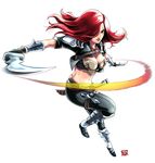  bra breasts cleavage gloves greaves highres jdg katarina_du_couteau knife large_breasts league_of_legends leg_belt long_hair looking_at_viewer midriff navel red_eyes red_hair scar sheath sheathed shoulder_pads slashing solo throwing_knife underwear vambraces weapon white_background 