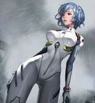 absurdres arm_at_side ayanami_rei bangs blue_hair bodysuit bracer breasts breasts_apart cloud cloudy_sky cowboy_shot from_below gloves headgear highres hips impossible_bodysuit impossible_clothes kim_na_young looking_to_the_side medium_breasts neon_genesis_evangelion number outdoors parted_lips pilot_suit plugsuit rain red_eyes short_hair signature sky slender_waist solo standing turtleneck wet wet_hair white_bodysuit 