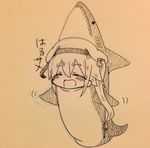  :d ^_^ alternate_costume animal_costume beret closed_eyes commentary hair_ornament harusame_(kantai_collection) hat jako_(jakoo21) kantai_collection long_hair monochrome open_mouth ponytail pun shark_costume side_ponytail smile solo traditional_media translated 