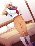  abs bed blush bottomless breasts condom condom_in_mouth covering_eyes dark_skin dutch_angle elena_(street_fighter) gureko_rouman highres large_breasts mouth_hold muscle navel no_pussy revision school_uniform serafuku short_hair skirt skirt_removed socks solo street_fighter street_fighter_iii_(series) white_hair 