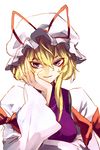  arm_ribbon arm_support blonde_hair dress eredhen hat hat_ribbon highres long_hair looking_at_viewer mob_cap purple_eyes ribbon solo tabard touhou upper_body white_dress wide_sleeves yakumo_yukari 