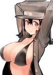  akitsu_maru_(kantai_collection) alternate_skin_color arms_up black_hair blush breasts brown_eyes buttons hat highres kantai_collection large_breasts looking_at_viewer military military_uniform open_clothes peaked_cap remodel_(kantai_collection) short_hair simple_background sketch smile solo ueda_torini uniform 