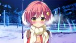  1girl ameto_yuki blush doumyouji_moemi earmuffs fountain game_cg highres looking_at_viewer night pure_x_connect red_hair sad scarf short_hair sky solo standing tree trees upper_body water yellow_eyes 