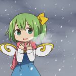  breath daiyousei fairy_wings green_eyes green_hair scarf side_ponytail snowing solo touhou wings winter yamabuki_(yusuraume) 