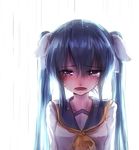  bai_yemeng blue_eyes blush collarbone crying crying_with_eyes_open green_hair hair_ribbon hatsune_miku highres long_hair nose_blush open_mouth rain revision ribbon shirt solo tears twintails upper_body vocaloid white_background 