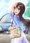  aozora_market bag brown_hair character_request dress gradient_eyes green_eyes hair_ornament hairclip jacket long_hair melon-chan melonbooks multicolored multicolored_eyes open_mouth shoulder_bag smile solo watch white_dress 