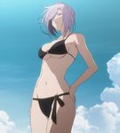  1girl asu_no_yoichi bikini breasts cleavage cloud female hair_over_one_eye highres large_breasts navel purple_hair red_eyes screencap smile solo stitched swimsuit takatsukasa_angela 