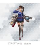  2014 aiguillette aircraft airplane america artist_name black_legwear black_skirt brown_hair buttons character_name copyright_name double-breasted full_body highres honeycomb_(pattern) honeycomb_background jeanex kantai_collection long_hair long_sleeves machinery military military_uniform miniskirt original pacific pleated_skirt red_eyes salute shoes side_ponytail skirt solo standing thighhighs turret uniform uss_louisville_(ca-28) 