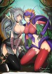  2girls armor black_legwear blue_eyes breast_press breasts brown_hair cleavage green_eyes heterochromia kha&#039;zix kha'zix kneeling lace lace-trimmed_thighhighs large_breasts league_of_legends multiple_girls one_eye_closed open_mouth outdoors red_legwear rengar silver_hair thighhighs tongue tongue_out torahimemax wink yellow_eyes 