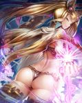  animal_ears ass ass_cutout blonde_hair cape commentary_request erune from_behind granblue_fantasy grin heart_cutout looking_back magic metera_(granblue_fantasy) panties shizuru_(daikoukaizidai) smile solo thighhighs twintails underwear yellow_eyes 