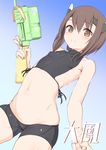  bike_shorts blush brown_eyes brown_hair collarbone commentary_request flat_chest headband headgear highres kantai_collection looking_at_viewer lowleg lowleg_shorts makabe_gorou md5_mismatch navel ribs short_hair shorts smile solo stomach taihou_(kantai_collection) water_gun 