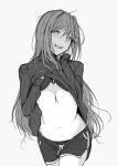  1girl :p absurdres blush boyshorts bra bra_lift breasts clothes_lift cowboy_shot eyebrows_visible_through_hair fate/grand_order fate_(series) grey_background greyscale hair_between_eyes hand_under_clothes highres hplay large_breasts long_hair long_sleeves looking_at_viewer monochrome navel scathach_(fate)_(all) scathach_(fate/grand_order) simple_background sketch smile solo standing sweater sweater_lift tongue tongue_out underboob underwear undressing 