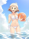  ball beachball bikini breasts brown_eyes brown_hair cleavage cloud day hair_ornament hairclip highres medium_breasts ocean open_mouth scar senki_zesshou_symphogear side-tie_bikini sky solo swimsuit tachibana_hibiki_(symphogear) unyon wading water wet 