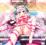  :o absurdres bra breasts butterfly_hair_ornament censored crotchless_panties cupless_bra grey_hair hair_intakes hair_ornament highres indoors knee_up lace lace-trimmed_thighhighs large_breasts lens_flare looking_at_viewer lying mayoeru_futari_to_sekai_no_subete mosaic_censoring naked_ribbon nipples on_back panties parted_lips pink_bra pink_eyes pink_panties pussy ribbon saeki_touka shelf sunlight table thighhighs underwear white_legwear wooden_floor youta 