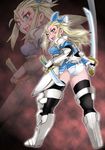  1girl armor armored_dress ass blonde_hair blue_eyes bow bravely_default:_flying_fairy bravely_second breasts dress dual_wielding edea_lee fang female from_behind from_below hair_bow katana knife long_hair looking_back onnaski open_mouth panties reverse_grip short_dress sideboob smile solo sword thigh_boots thighhighs underwear weapon white_panties 