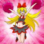  :d arms_up bare_legs blonde_hair blue_eyes bow cheerleader dokidoki!_precure eunos full_body grey_skirt hair_bow hairband happy jumping long_hair midriff navel open_mouth pom_poms precure red_bow regina_(dokidoki!_precure) shirt shoes skirt sleeveless sleeveless_shirt smile solo 