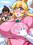  1girl blonde_hair blue_eyes blush breast_grab breasts crossover donkey_kong dress earrings elbow_gloves erect_nipples gloves grabbing huge_breasts jewelry long_hair mario_(series) megane_man nintendo open_mouth pixiv_manga_sample princess_peach super_mario_bros. sweat 