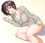  blush breasts brown_eyes brown_hair cleavage commentary_request covered_nipples huge_breasts idolmaster idolmaster_cinderella_girls lying naked_sweater oikawa_shizuku on_side onsoku_maru ribbed_sweater short_hair solo sweater thighs 