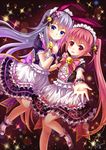  animal_ears aura_kingdom bell blue_eyes bunny_ears cesela character_request dress jingle_bell long_hair mary_janes merrilee multiple_girls outstretched_hand pink_eyes pointy_ears purple_hair red_hair shoes smile socks villyane 