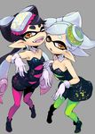  2girls ;d aori_(splatoon) black_hair cousins detached_collar domino_mask dress earrings fangs food food_on_head gloves green_legwear grey_background hotaru_(splatoon) jewelry long_hair mask mole mole_under_eye multiple_girls object_on_head one_eye_closed open_mouth orange_eyes pantyhose pointy_ears purple_legwear short_hair short_jumpsuit silver_hair simple_background smile splatoon_(series) splatoon_1 strapless strapless_dress unitard utsugi_(skydream) white_gloves 