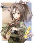  aircraft airplane arrow blush brown_eyes brown_hair camouflage chopsticks gloves hachimaki headband high_ponytail japanese_clothes kantai_collection looking_at_viewer muneate omelet open_mouth partly_fingerless_gloves rabochicken remodel_(kantai_collection) single_glove solo tamagoyaki upper_body yugake zuihou_(kantai_collection) 