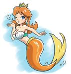  1girl blue_eyes breasts brown_hair crown female gradient gradient_background large_breasts lipstick makeup mermaid navel nintendo princess_daisy short_hair solo super_mario_bros. super_mario_land water wink 