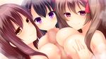  3girls artist_request black_hair breasts brown_hair censored character_request game_cg large_breasts multiple_girls namaiki! nipples nude paizuri purple_eyes red_eyes tagme yellow_eyes 