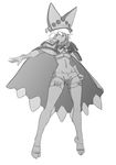  1girl :&lt; bandage barefoot beltbra breasts cape colo_(nagrolaz) dark_skin full_body greyscale guilty_gear guilty_gear_xrd hat highres long_legs midriff monochrome navel outstretched_hand ramlethal_valentine short_hair short_shorts shorts solo thigh_strap toes underboob 