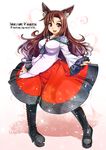  :d animal_ears boots breasts brooch brown_eyes brown_hair character_name english imaizumi_kagerou jewelry large_breasts long_hair long_sleeves open_mouth shirt skirt skirt_hold smile solo tail touhou umigarasu_(kitsune1963) very_long_hair wide_sleeves wolf_ears 