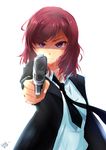  absurdres aiming_at_viewer artist_request black_neckwear collared_shirt formal frown gun handgun highres holding holding_gun holding_weapon love_live! love_live!_school_idol_project necktie nishikino_maki purple_eyes red_hair shaded_face shirt solo suit weapon white_background 