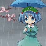  blue_eyes blue_hair cherry_blossoms hair_bobbles hair_ornament hat kawashiro_nitori key rain solo touhou two_side_up umbrella yamabuki_(yusuraume) 