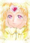  circlet closed_mouth cure_muse_(yellow) earrings eunos face hands_on_own_face heart jewelry long_hair magical_girl orange_hair pink_eyes precure shirabe_ako smile solo suite_precure 